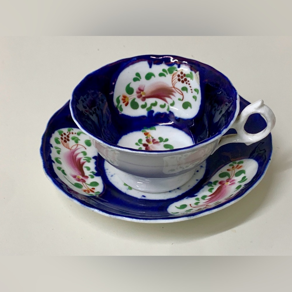 19th Century Antique Gaudy Welsh Feather Pattern Cup & Saucer Tea Set